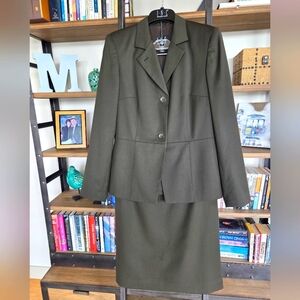 INC Olive Green Blazer and Skirt Set, Size 6, 100% Wool Gaberdine